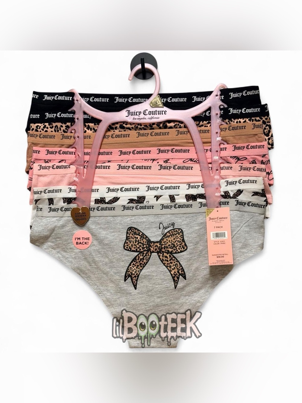 Juicy Couture 7 Pack Panties LG Leopard Print Bows & Gold Logo NEW Y2K Coquette